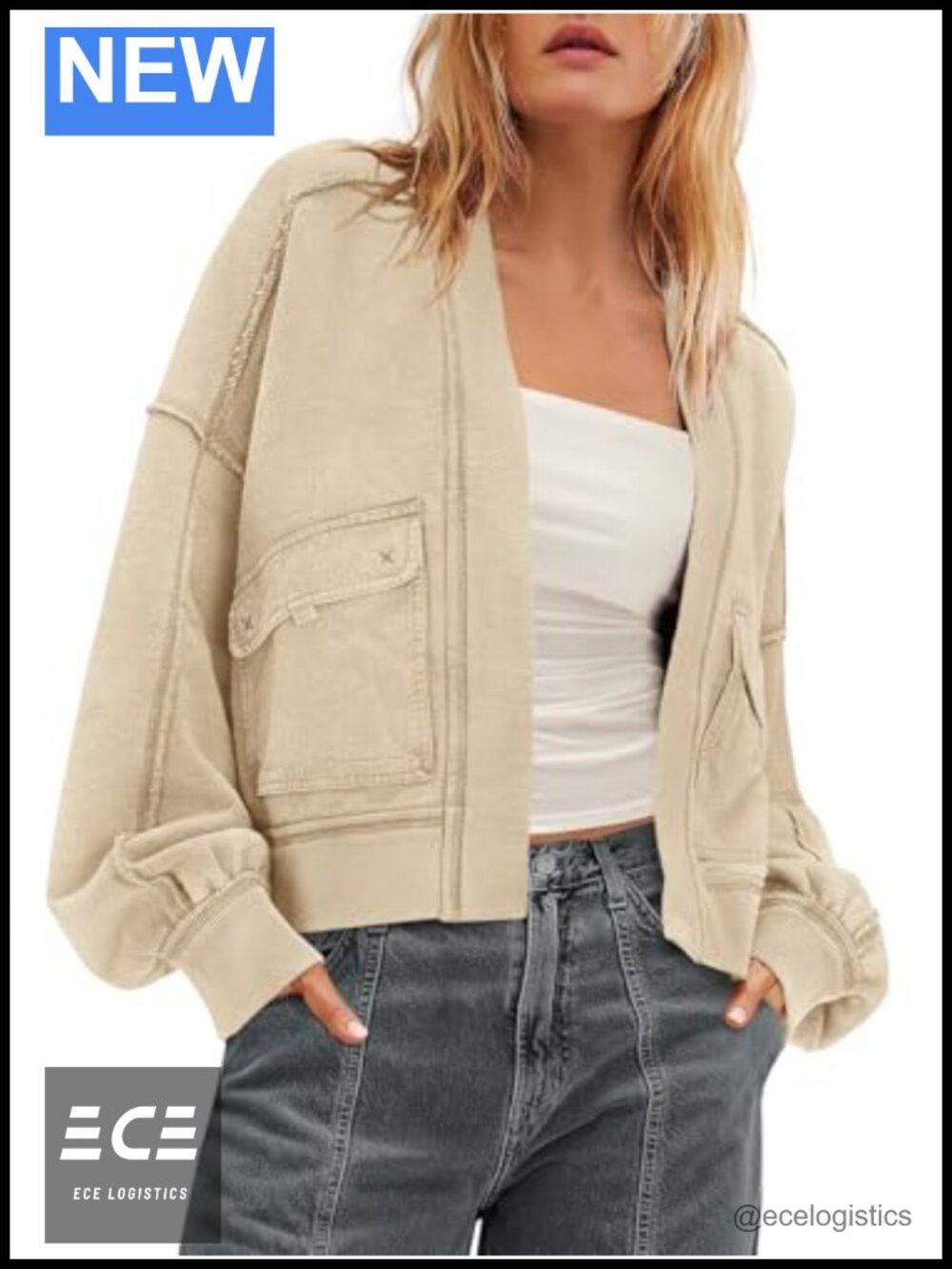 Womens Oversized Cotton Blend Cardigan Sweatshirt Drop Shoulder Crop